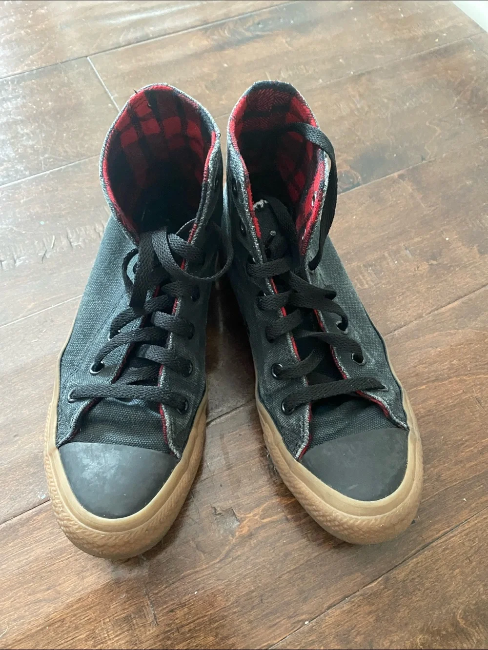 Converse Kids Black High-Top Sneakers with Red Plaid Lining